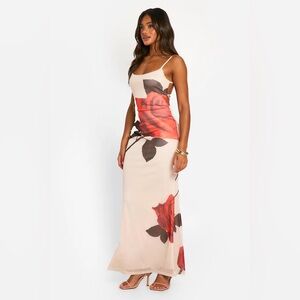 NWOT BOOHOO Spaghetti-Strap Maxi Dress with Red Rose Print Size 12